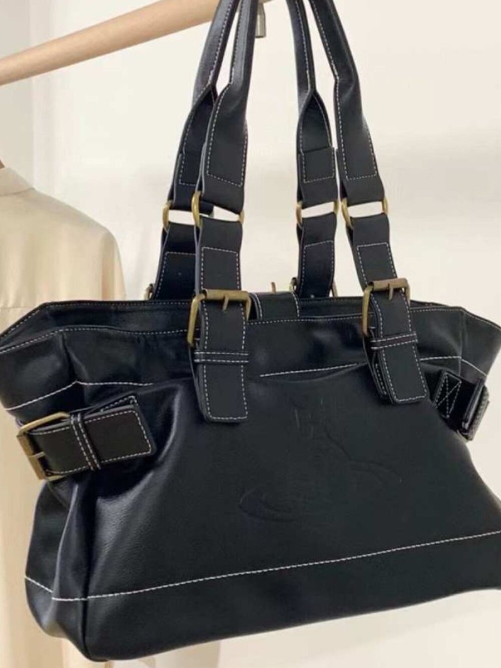 Vivienne Westwood Black Accord Leather Orb Large Tote Shoulder Bag <USED>